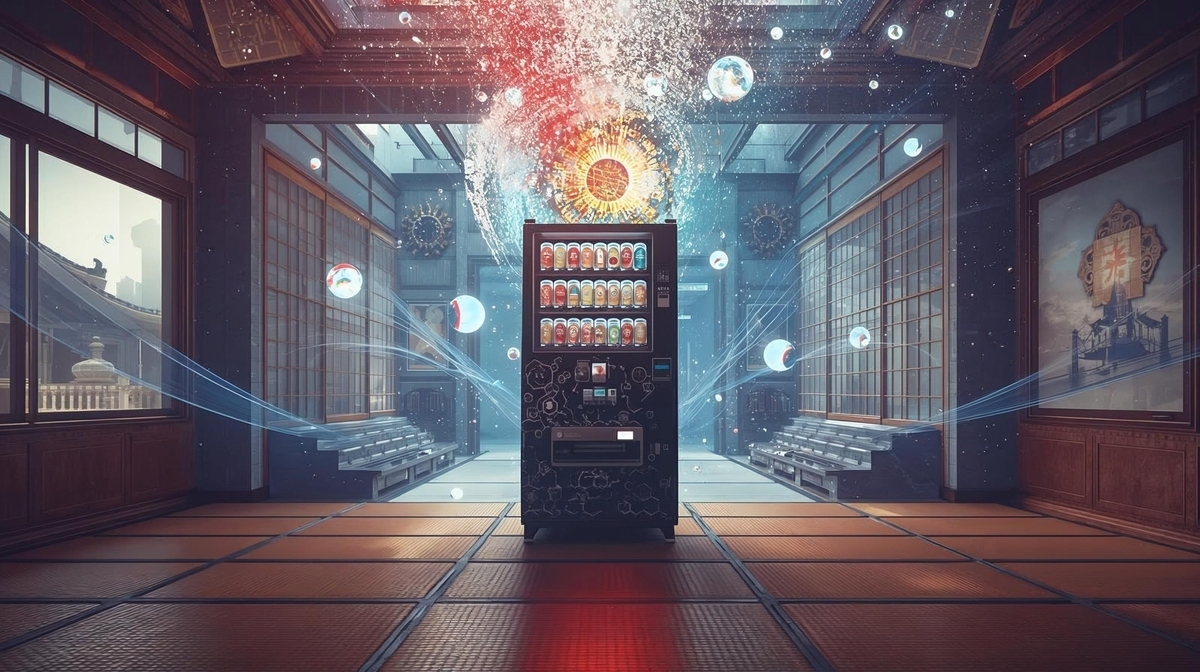 巨大な宇宙寺院と昭和アパートが融合した異空間。   金色の畳が波のようにうねり、A.P.O.P.（人工光合成フレア粒子）の振動で空間全体が低く脈動する。  中央に、黒い自販機がひとつだけ佇む。   赤ピルと青ピルだけを販売する異形のマシン。   自販機の表面にはA.P.O.P.六角バブルが走り、   赤と青の光が交互に点滅しながら、内部で粒子が脈動している。