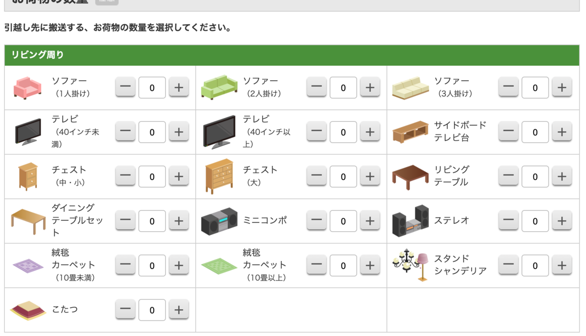 ズバット引越し比較 荷物の数量選択