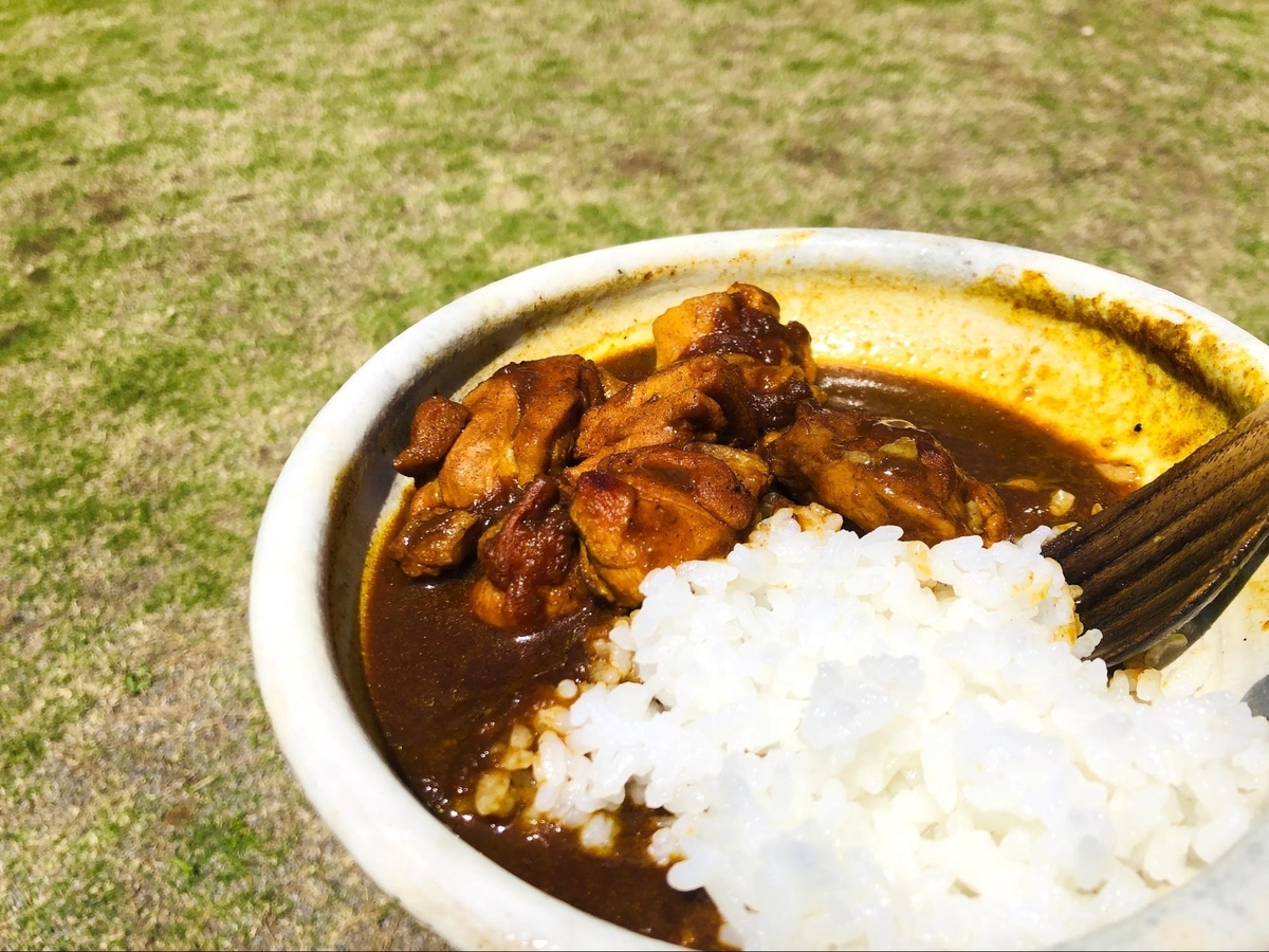 外で食べるごろごろ煮込みチキンカレー