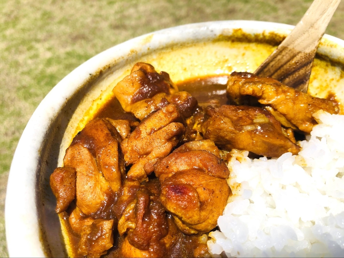 外で食べるごろごろ煮込みチキンカレー