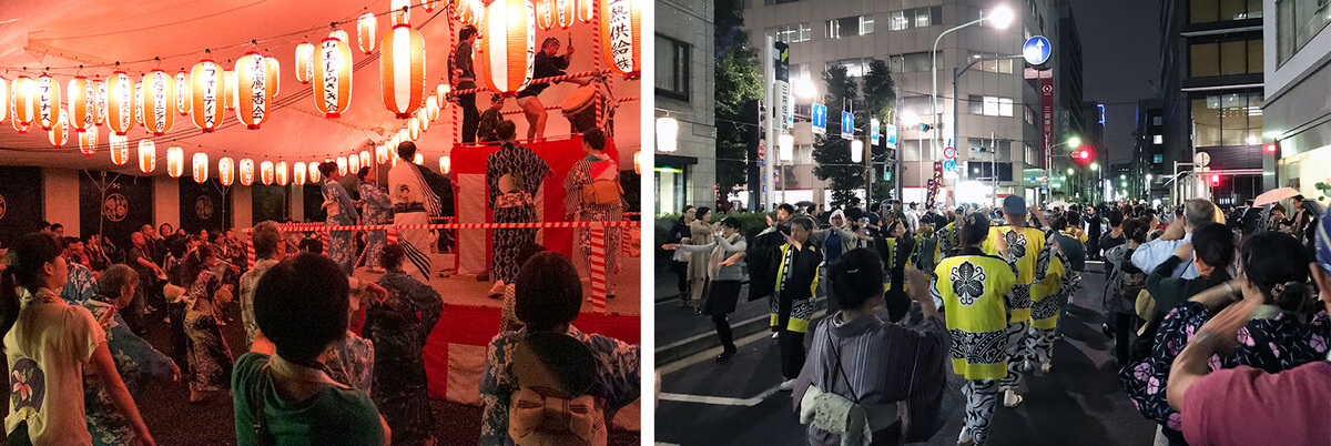 都内の盆オドラーにとって新たなシーズンの開幕となる「山王音頭と民踊大会」(左)、踊り納めとなる「べったら音頭大会」(右)