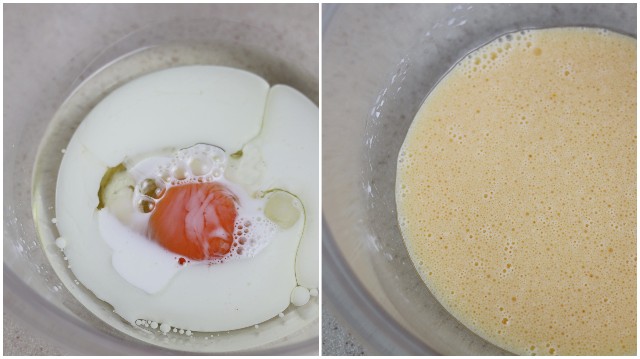 卵と油と牛乳を入れてよく混ぜる 卵と油と牛乳を入れてよく混ぜる