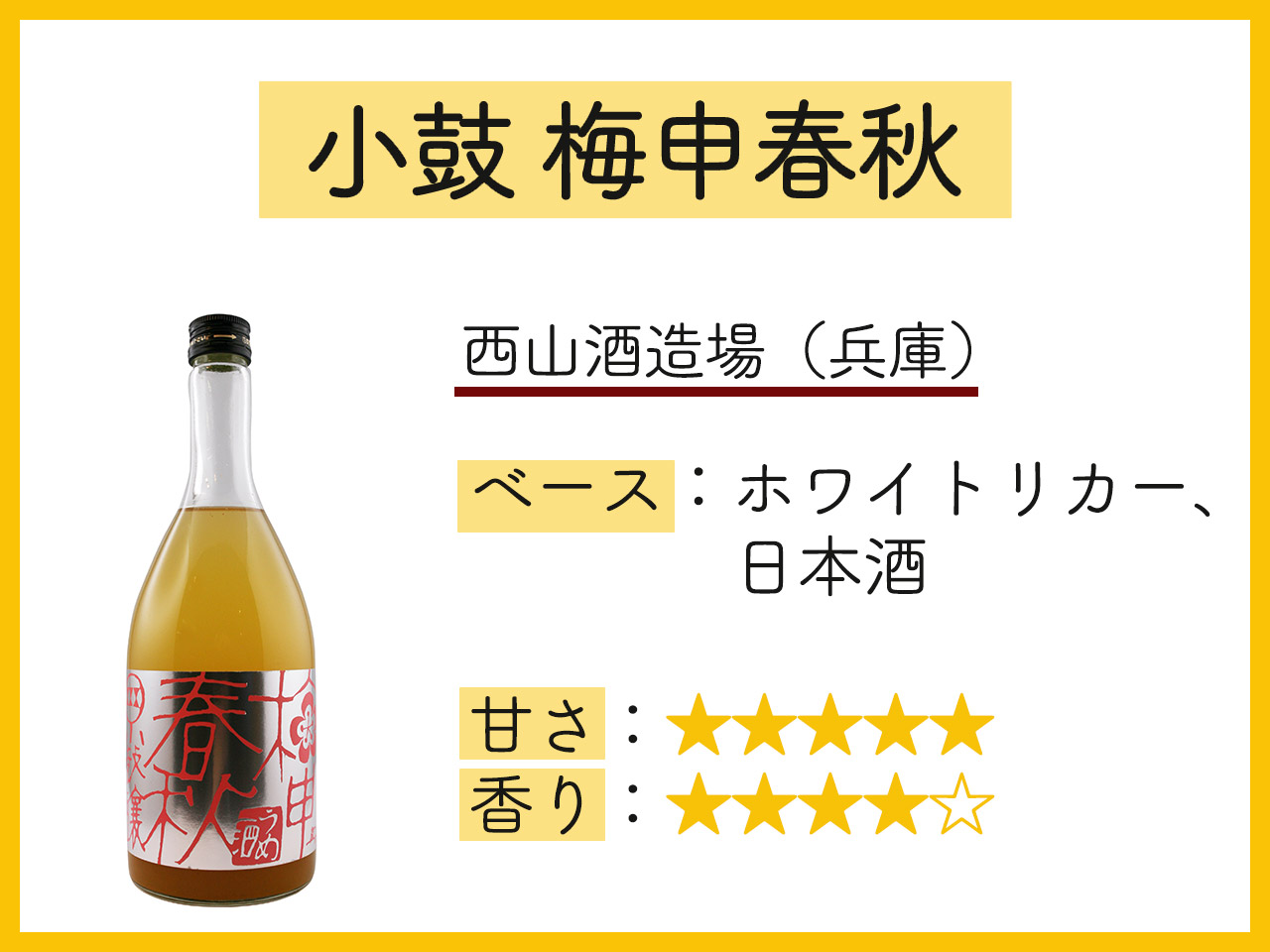 梅酒の沼人が選ぶ「最高においしい梅酒」小鼓 梅申春秋（ばいしんしゅんじゅう）（株式会社西山酒造場／兵庫県）