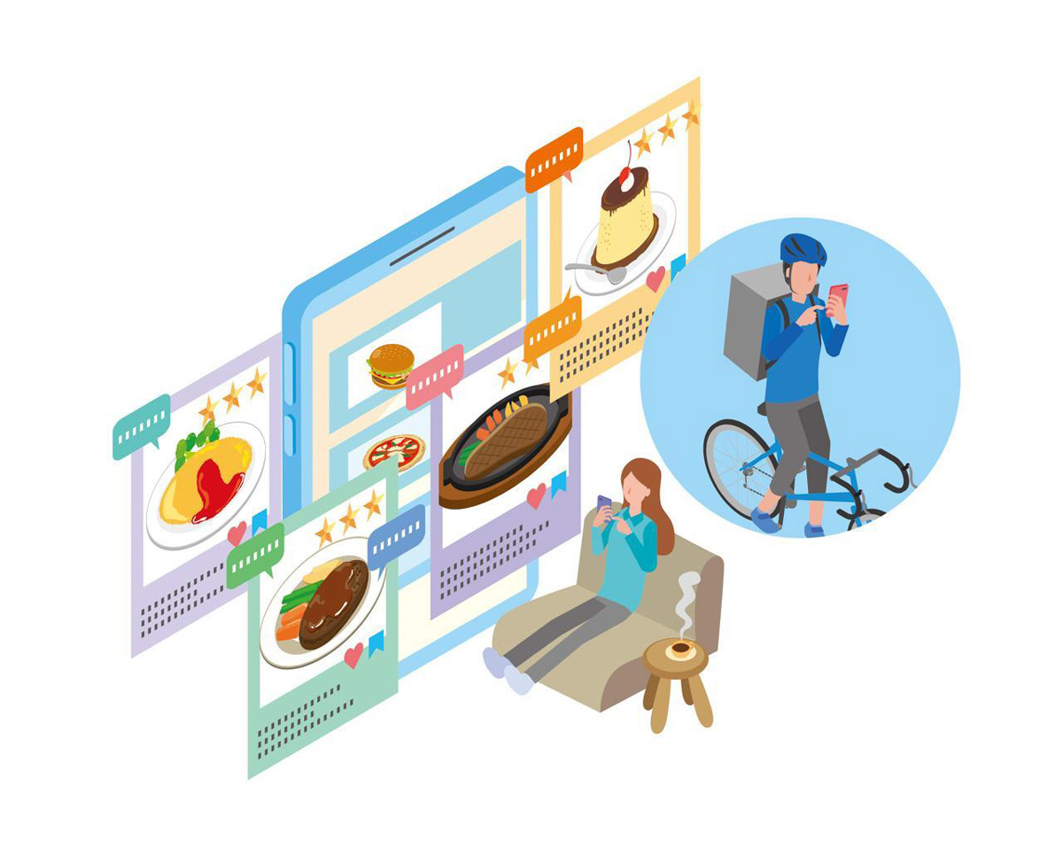 家でご飯のデリバリーを注文している人と、注文を受けている人のイラスト