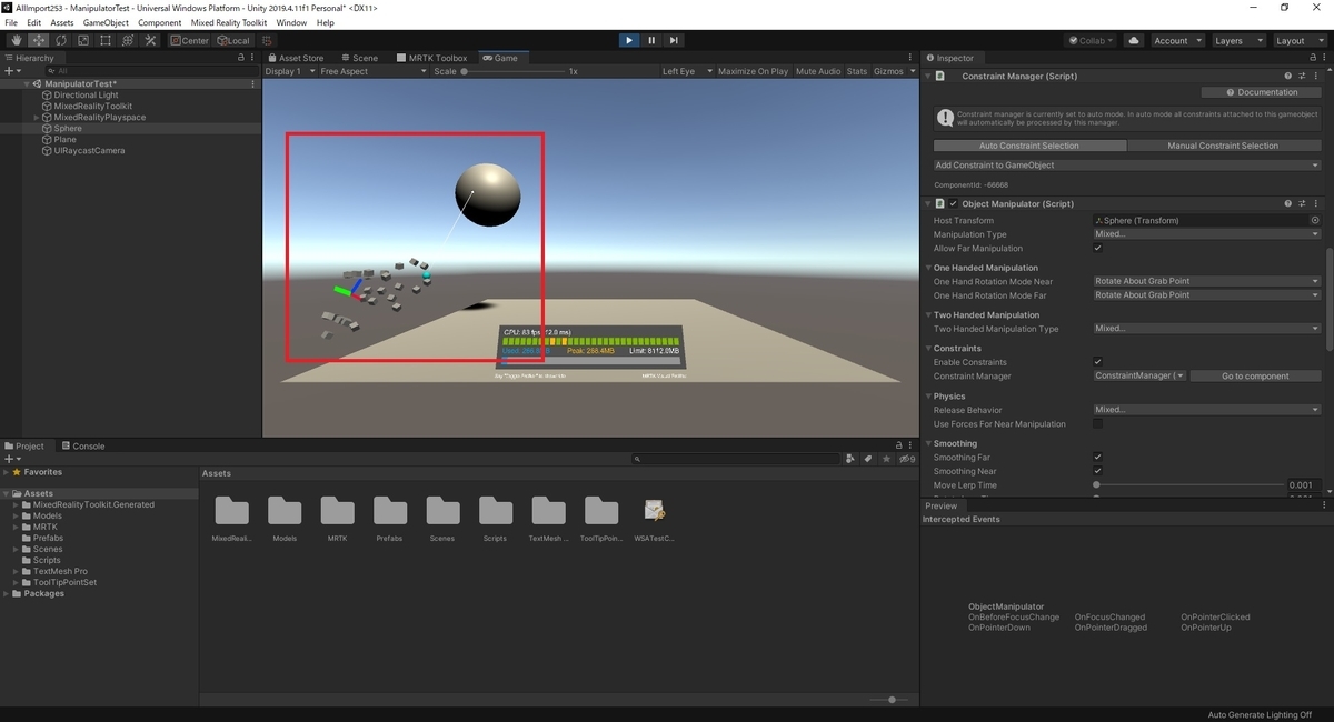 MRTKのObjectManipulatorの近距離(Near)操作を有効化したり遠距離(Far