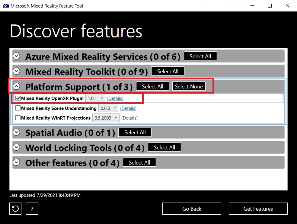 Mixed Reality Feature Toolを使ってUnityプロジェクトにMixed Reality OpenXR Pluginを