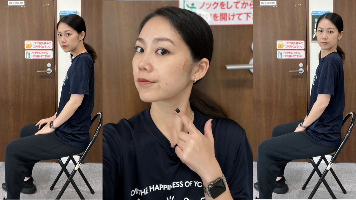 あごのたるみと、悪い姿勢と良い姿勢の写真
