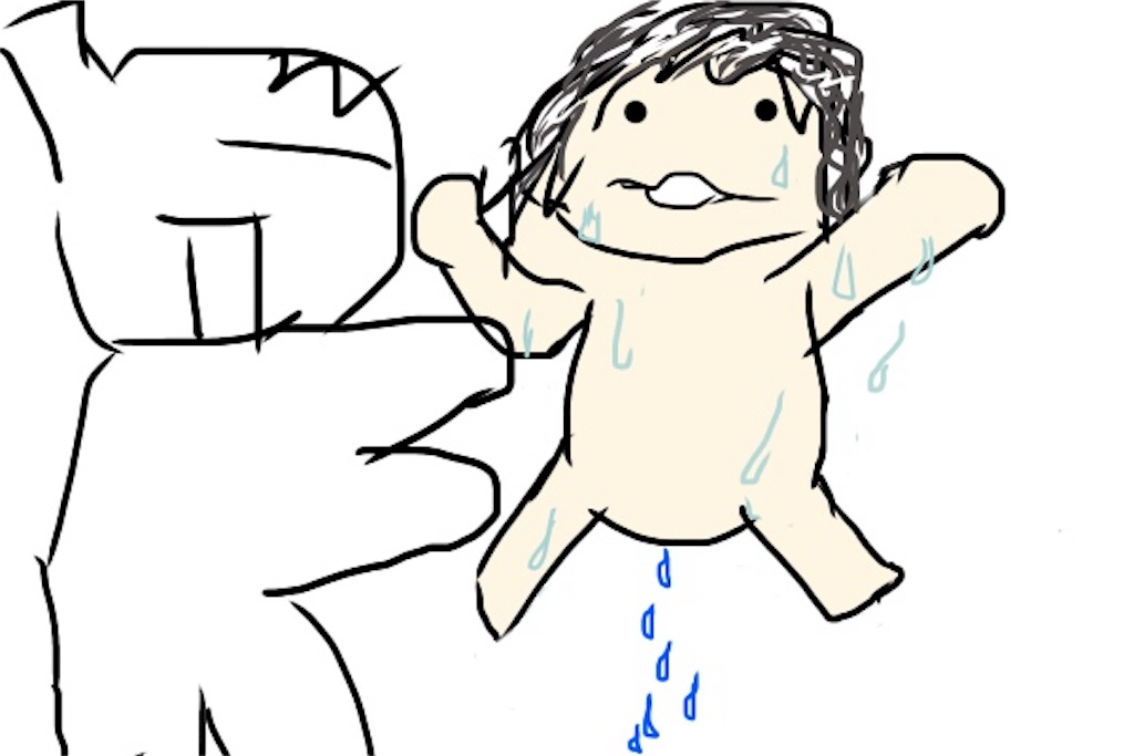ポポちゃん人形を湯舟から抱き上げるイラスト