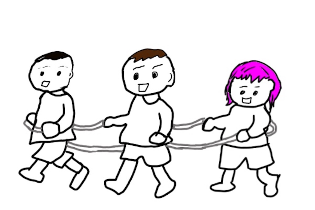 電車ごっこをする我が子のイラスト