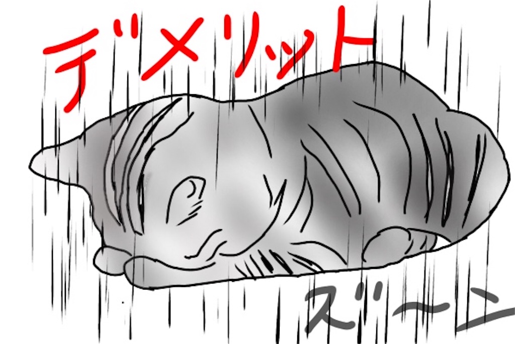 デメリットの文字に泣いているネコのイラスト