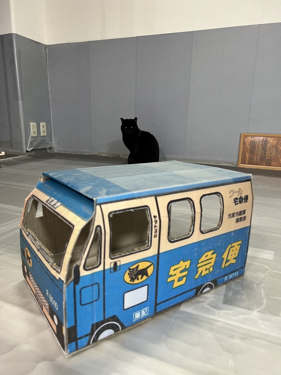 自作で作った段ボールのクロネコヤマトの車に、黒猫くんが入ってくれない。