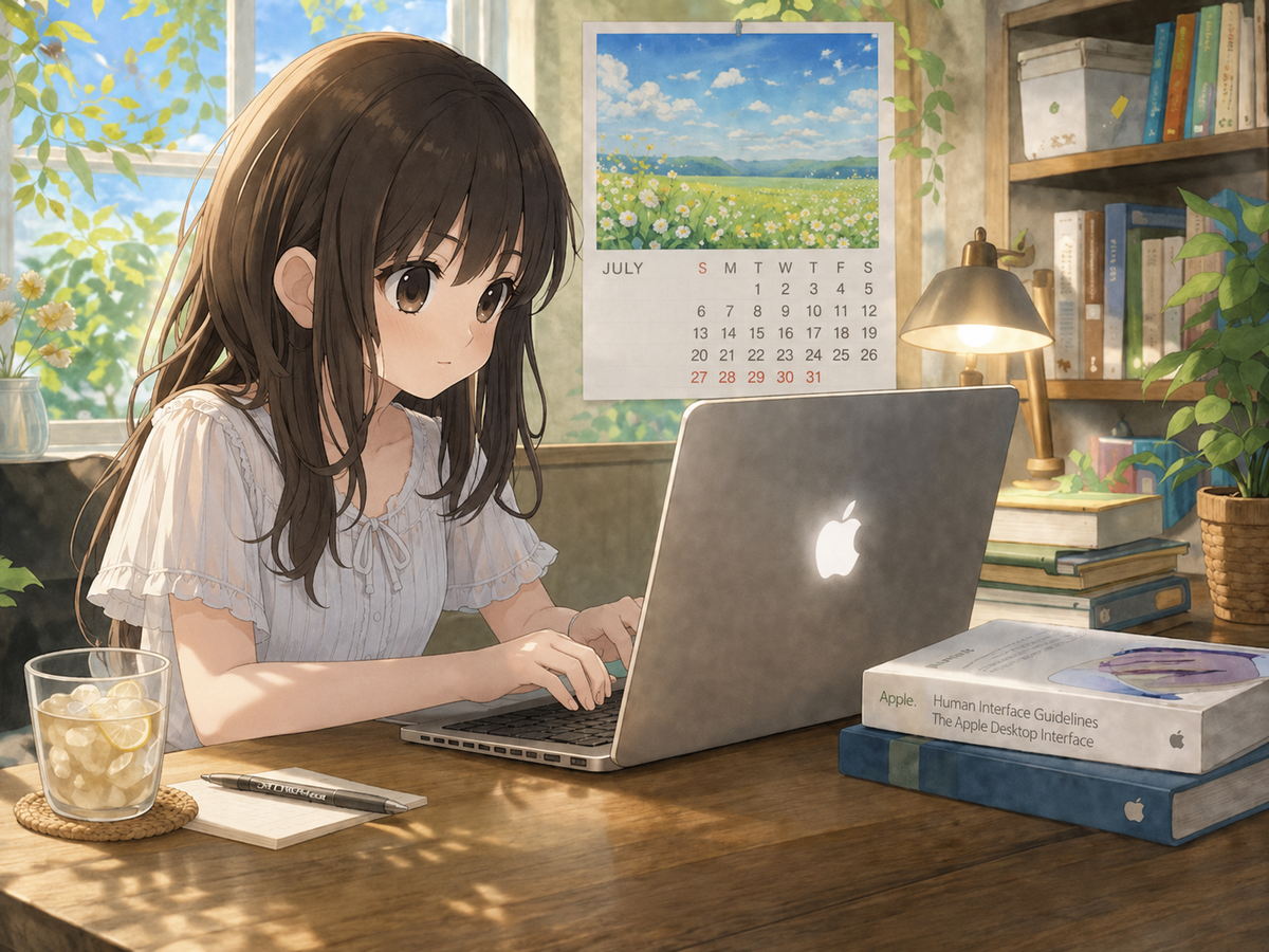 7月の服装の女の子がMacBookに向かっている