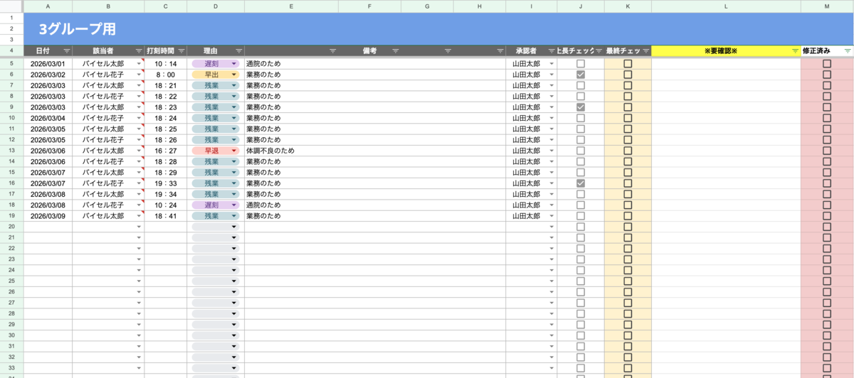 従来使用していた勤怠チェック用スプレッドシート