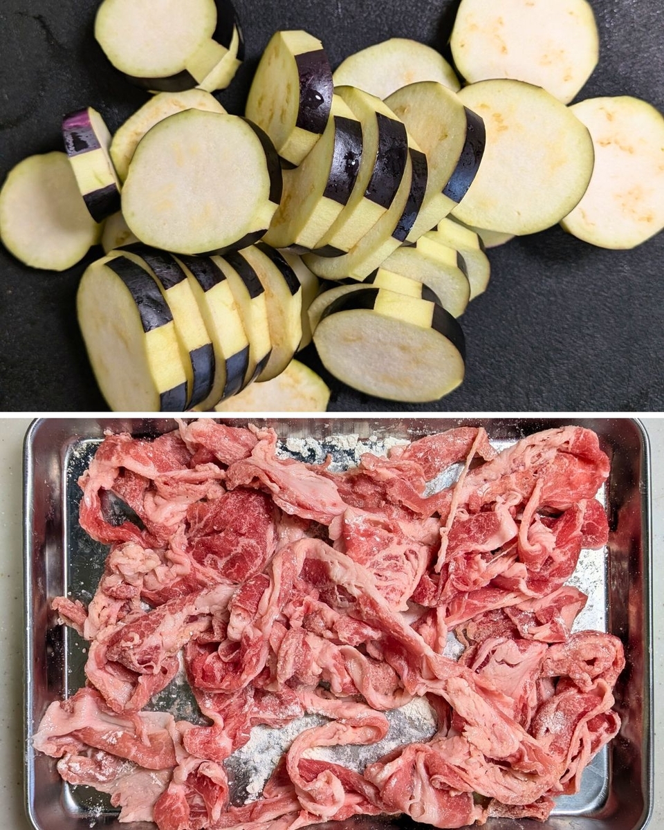 なすと豚こまの下ごしらえ