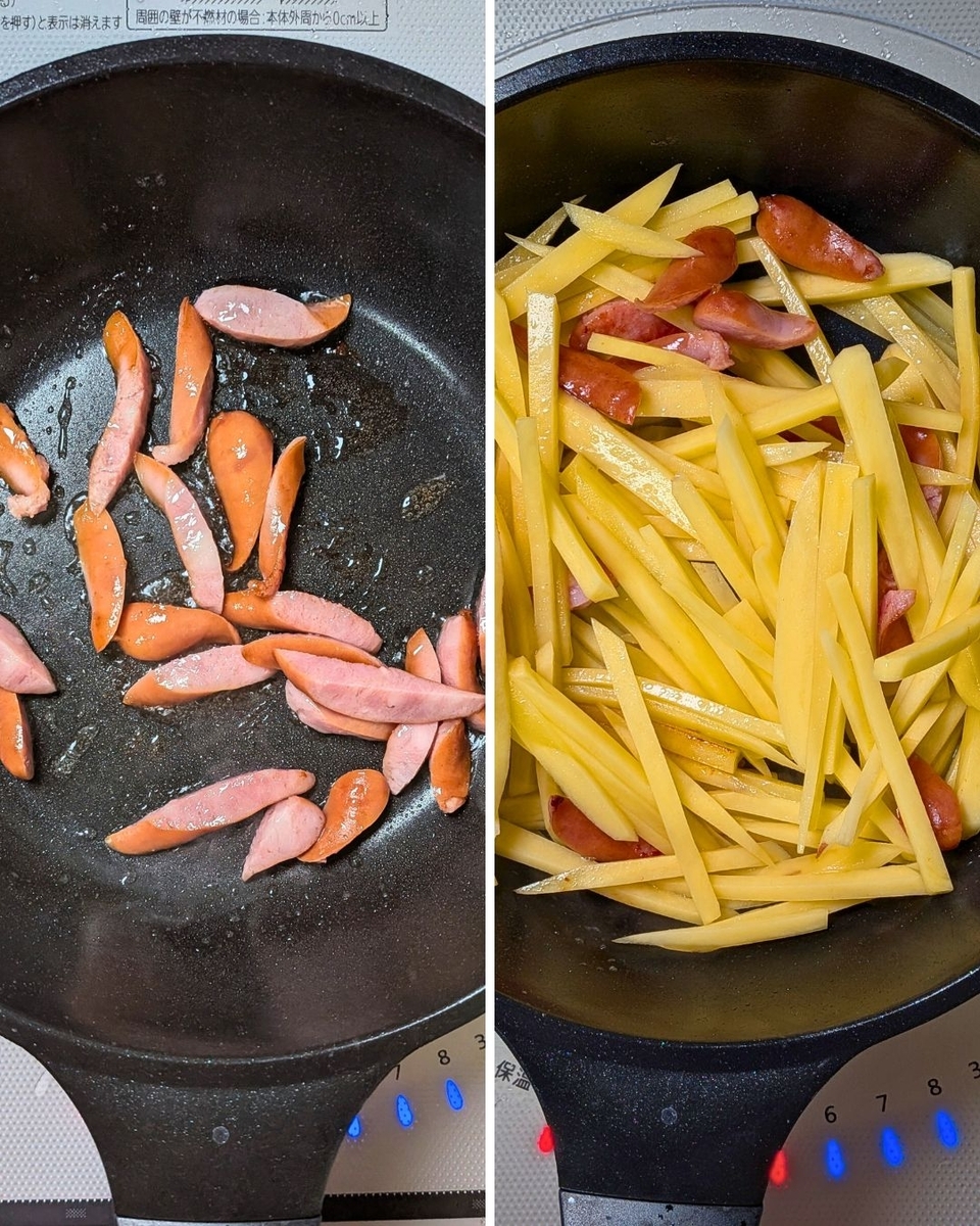 ウインナーとじゃがいもを炒める