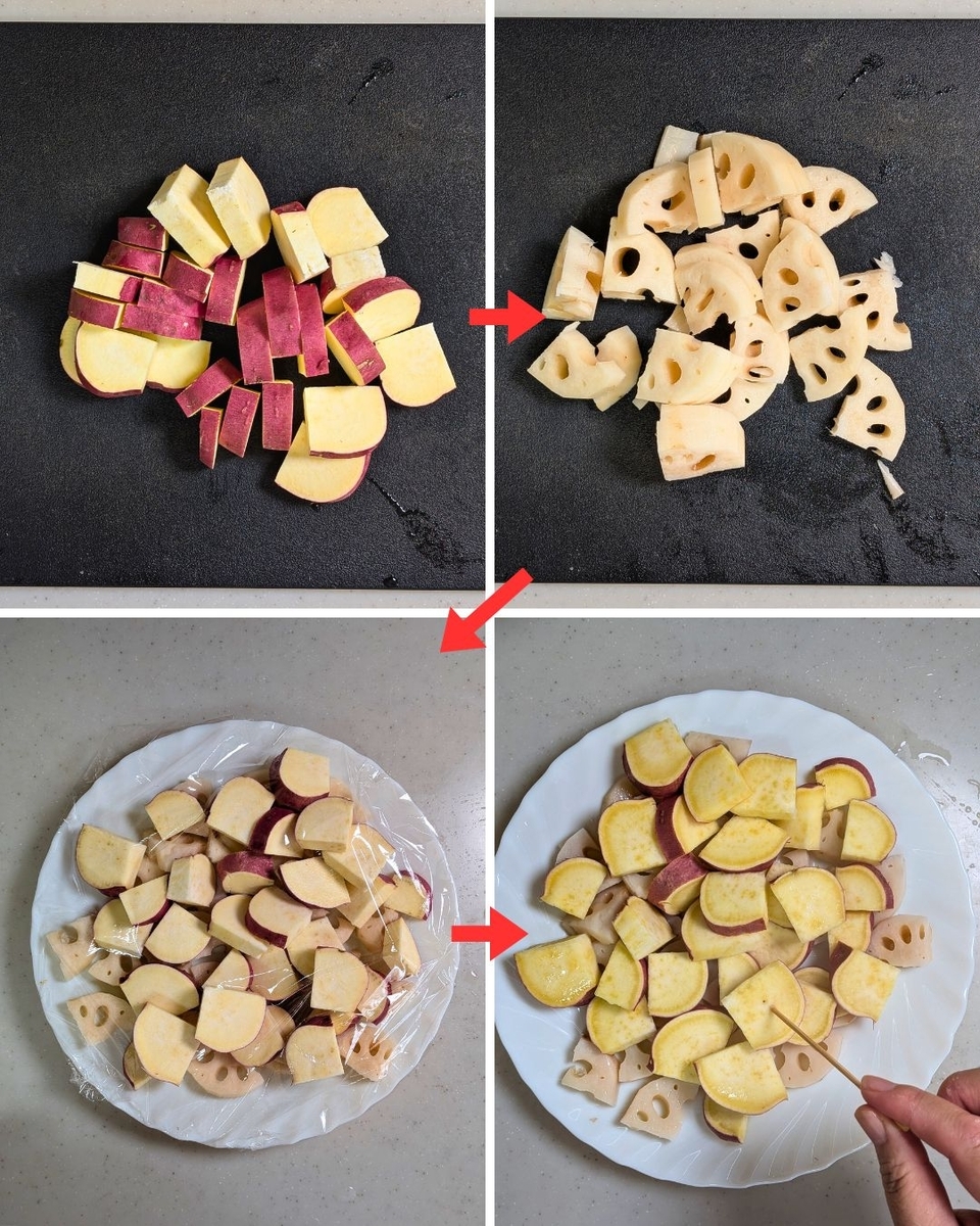 さつまいもとれんこんを電子レンジで加熱する工程