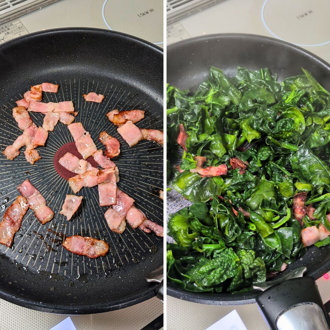 ちぢみほうれん草をさっと炒める工程