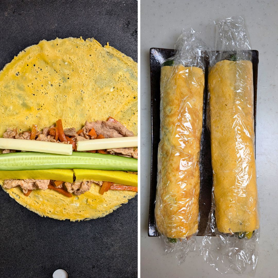 具材を卵で包んで芯を作る工程