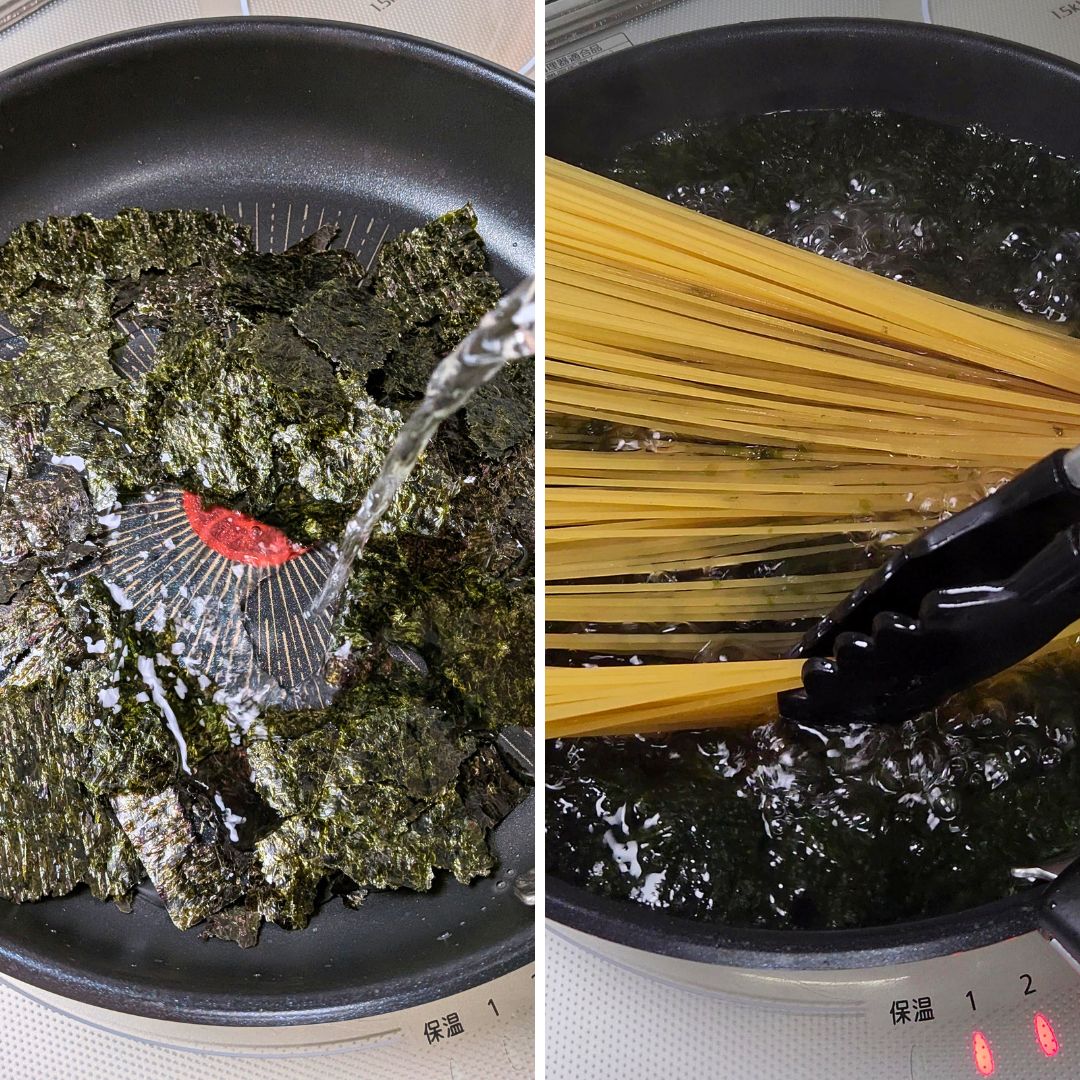 パスタをフライパンに入れて茹でる工程