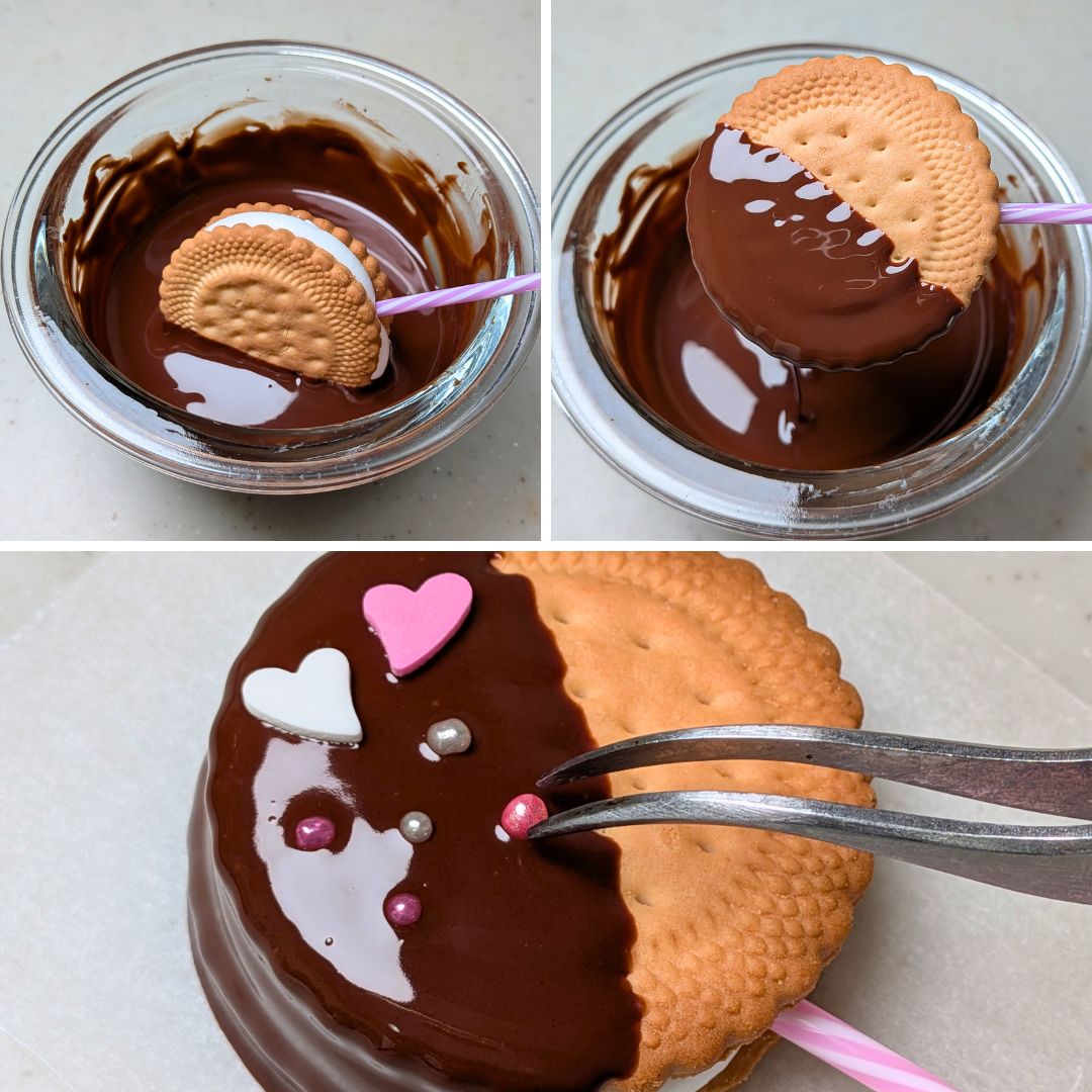 チョコをつけてデコレーションしている様子