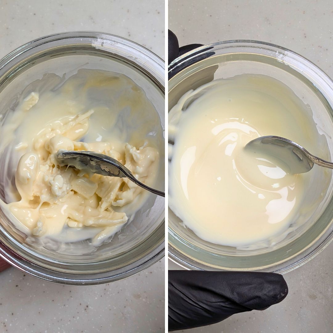 ホワイトチョコレートを電子レンジで溶かしている工程