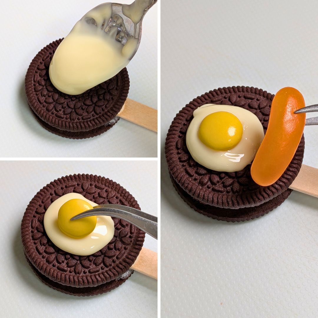 目玉焼き風にデコレーションしている仕上げ工程