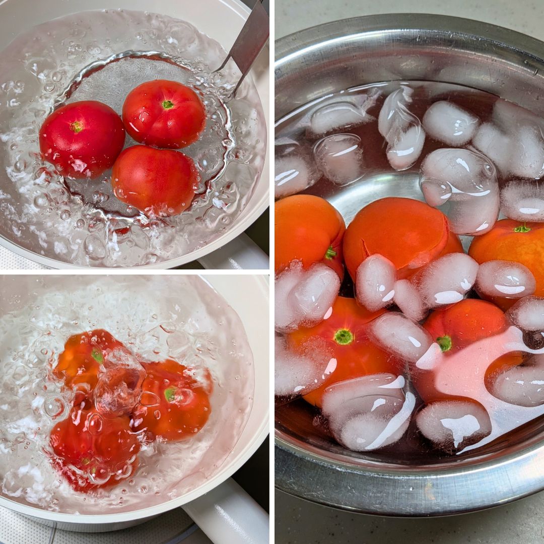 トマトを湯むきする工程