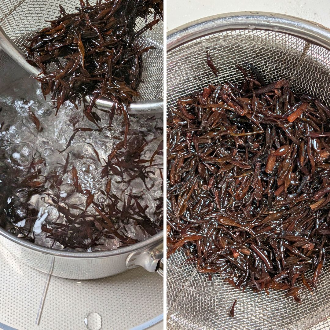 戻して茹でたひじきの写真