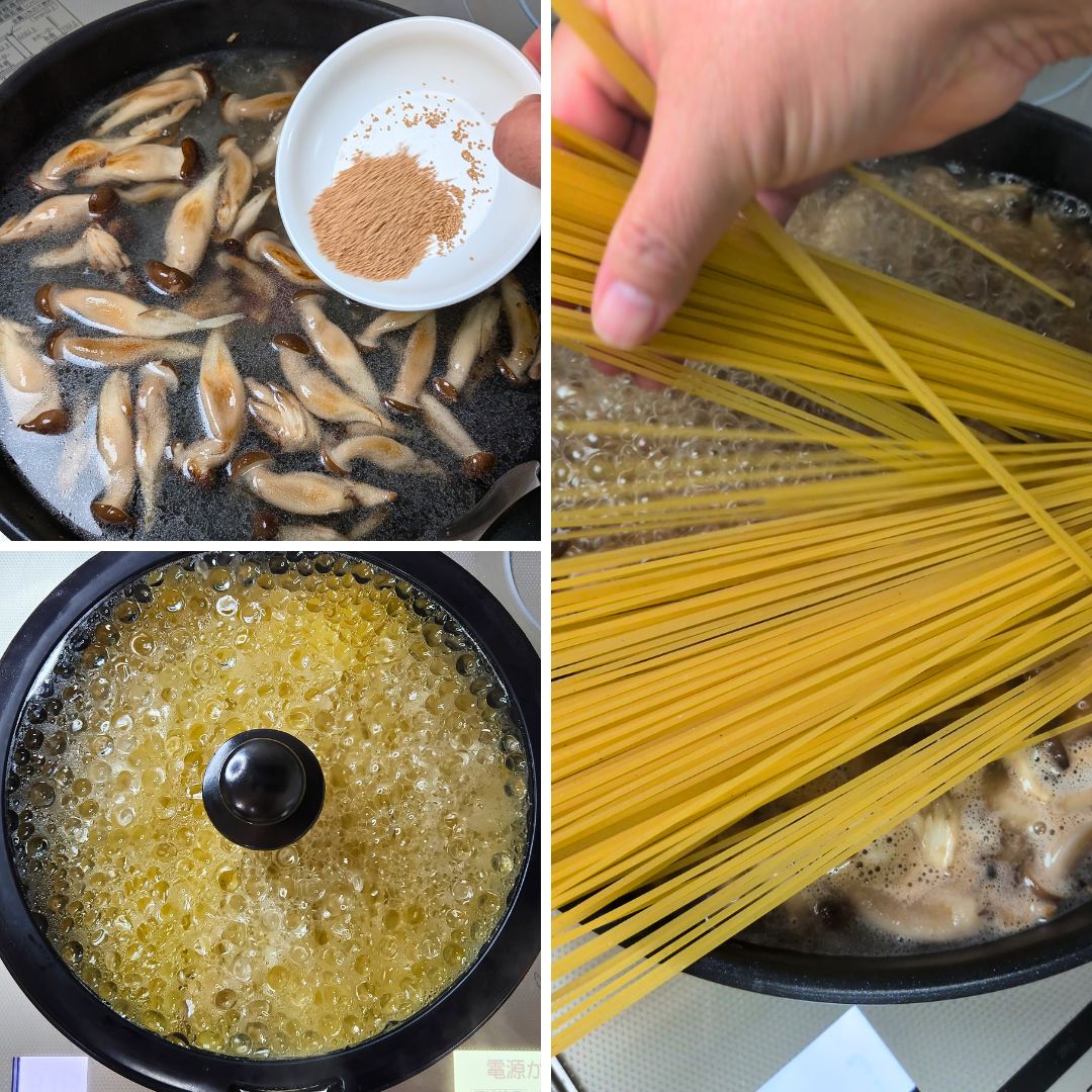 スパゲッティを加えて加熱する様子