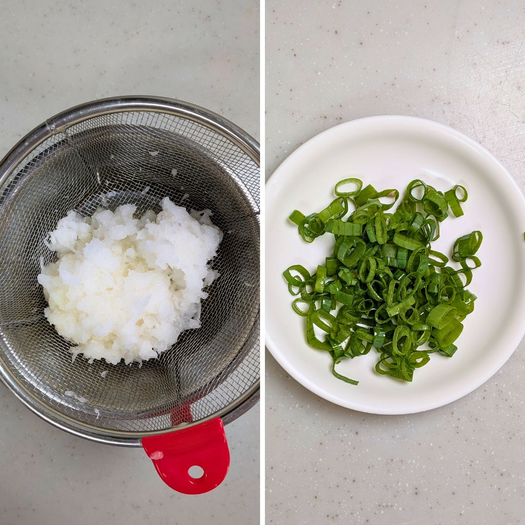 大根おろしと小ねぎを準備する様子