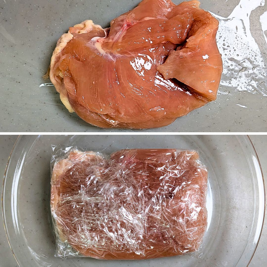 肉の端を折り込み、ラップで四角く成形した様子