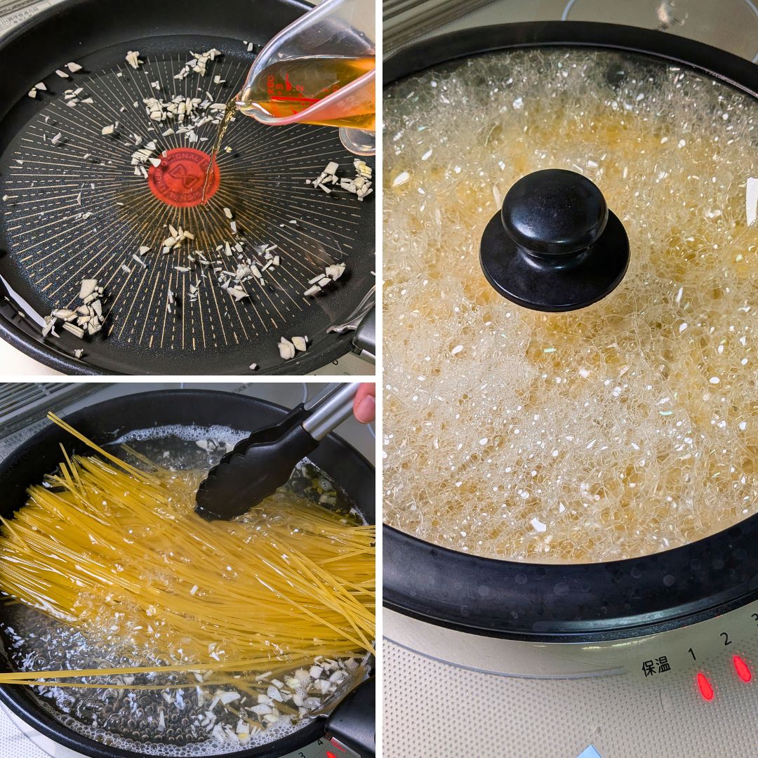 フライパンでパスタを煮る