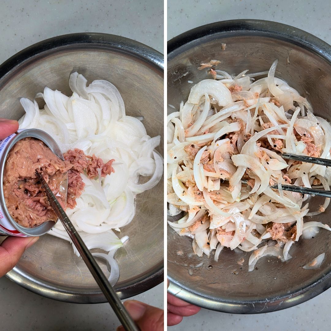 ボウルに新玉ねぎとツナをオイルごと入れる工程！簡単副菜の作り方