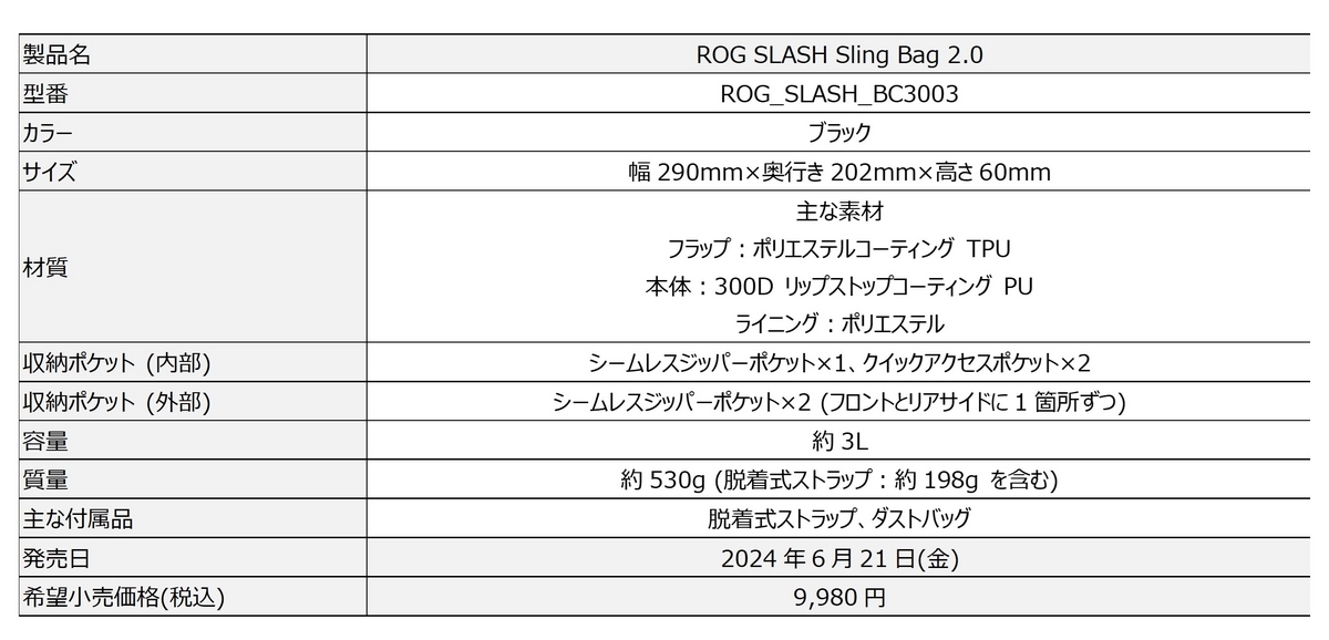 ROG SLASH Sling Bag 2.0 スペック画像