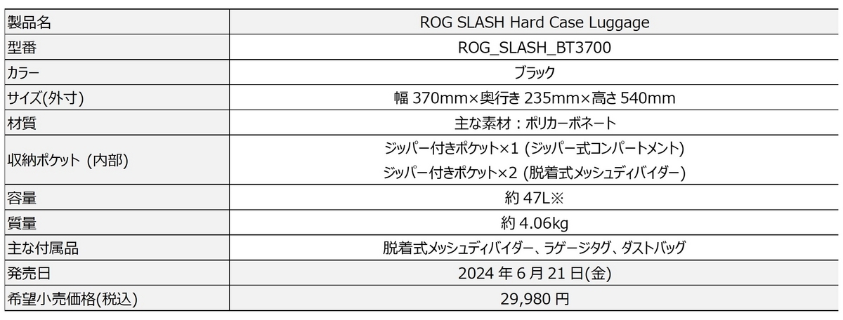 ROG SLASH Hard Case Luggage スペック画像