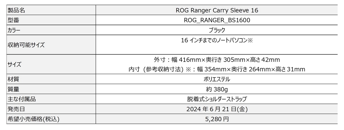 ROG Ranger Carry Sleeve 16 スペック画像