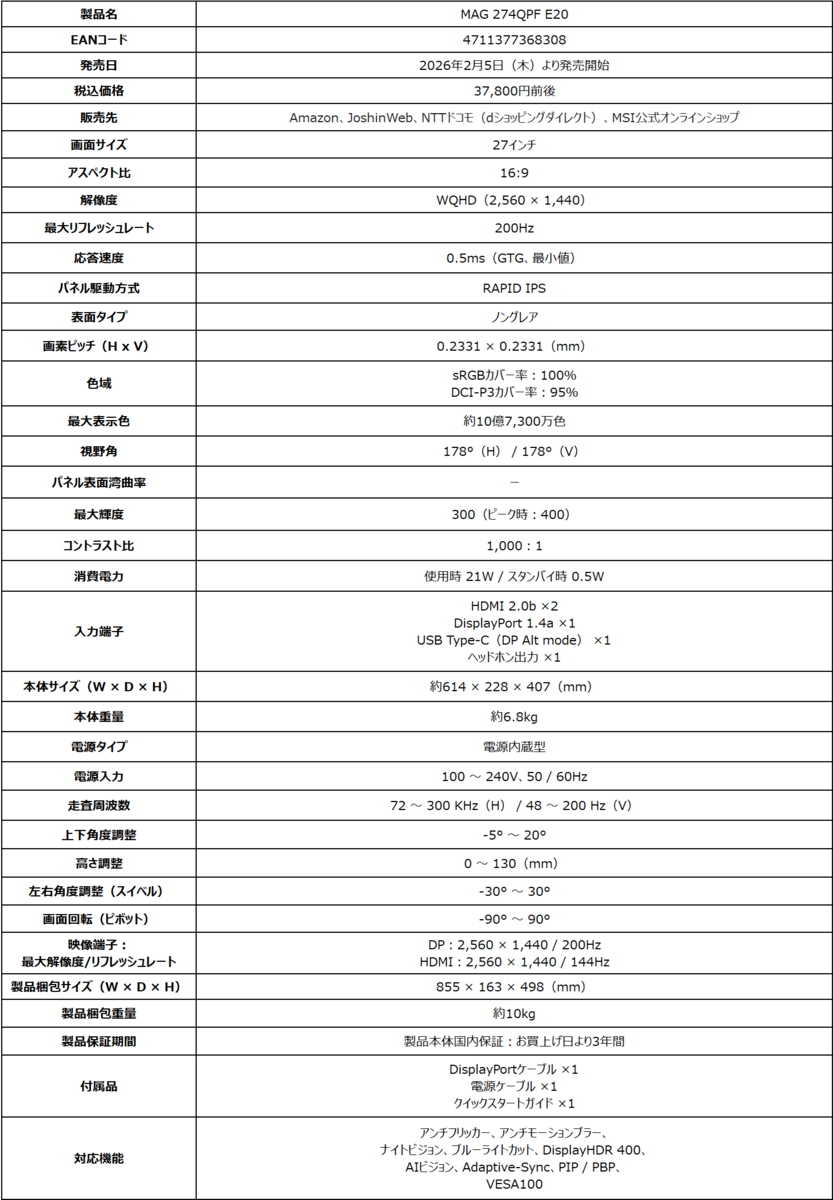 スペック表