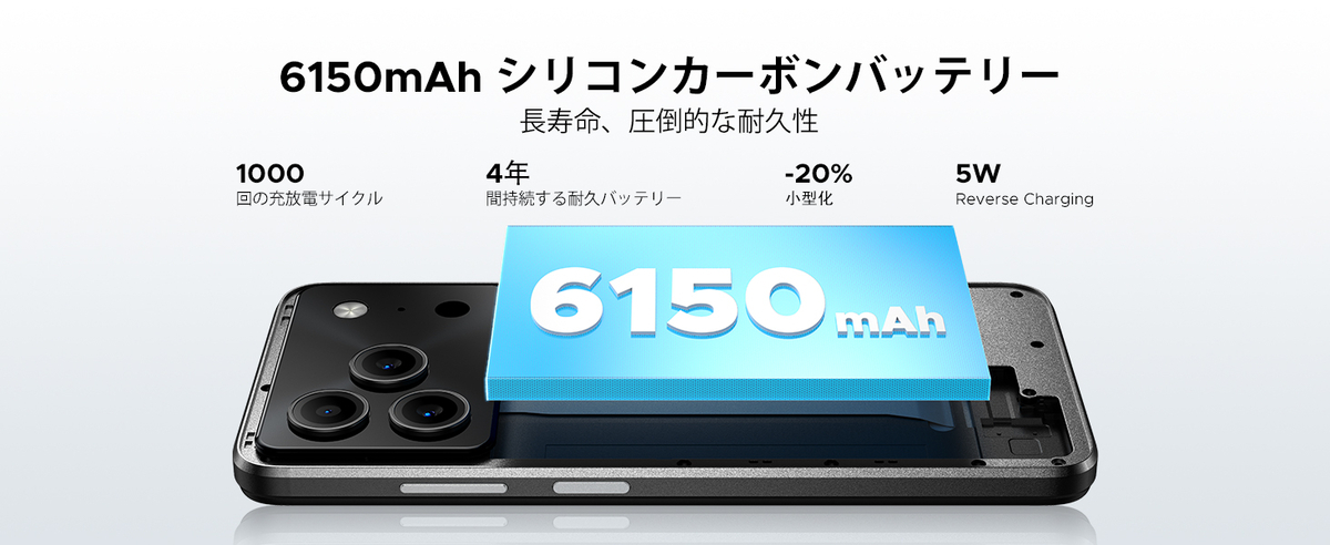 6150mAhの超大容量バッテリー