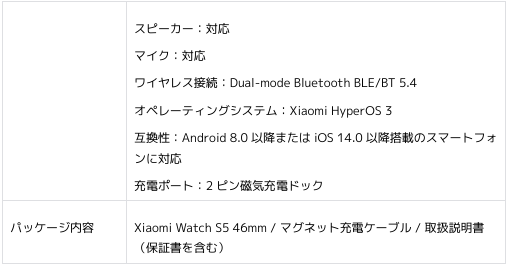 Xiaomi Watch S5 46mm　スペック表2
