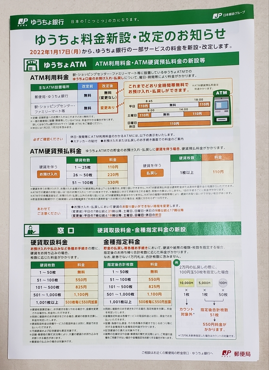ゆうちょ銀行のサービス料金など - チェンマイよりみちの記録