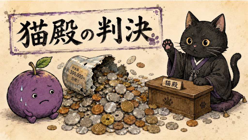 大量の小銭と貯金箱事件について判決を下す黒猫の猫殿