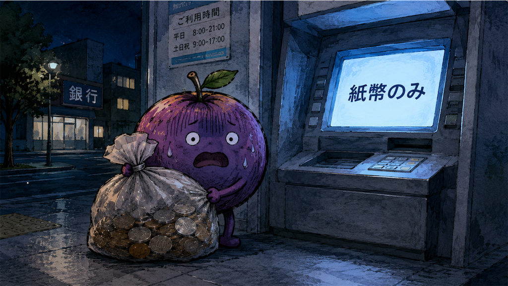 夜の銀行ATMに大量の硬貨を持って行ったら紙幣のみだった挿絵