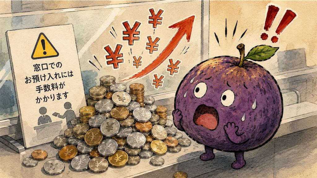 大量の硬貨を銀行窓口へ持ち込むと手数料がかかると知って驚く挿絵