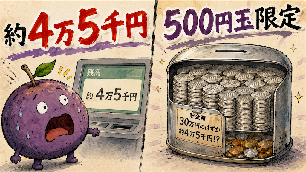 10年近く貯めた結果が約4万5千円で30万円には500円玉だけが必要だったと知る挿絵