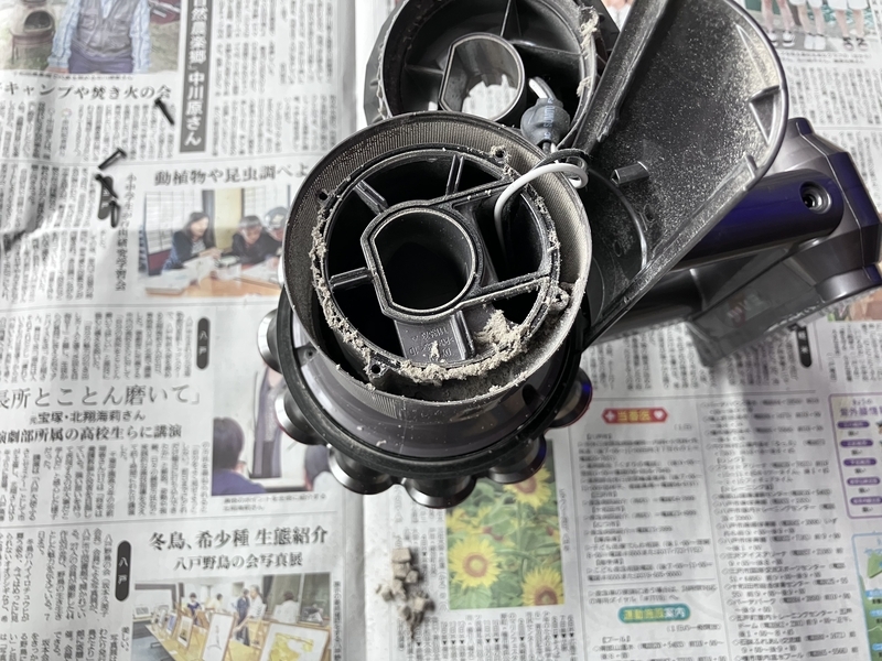 内部から出てきた固まったホコリの塊