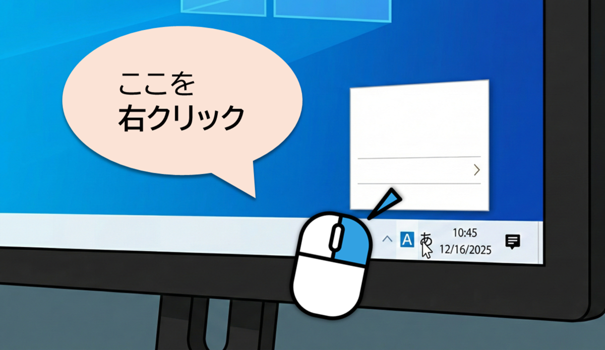 Windows画面右下の通知領域にあるIMEツールバー（あ、Aのアイコン）の位置を確認