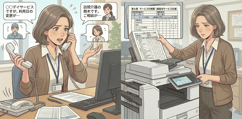 電話連絡やFAXでの大量送信に追われているケアマネジャー