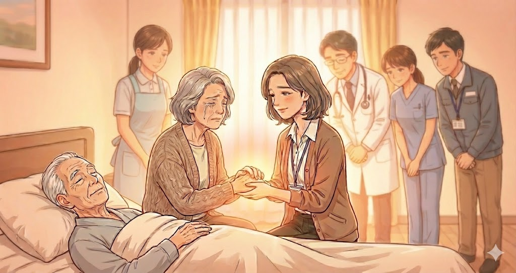 看取りを迎えた家族に感謝されているケアマネジャー