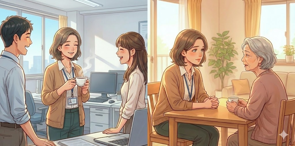 コーヒーブレークに同僚と談笑したり、じっくりと利用者に向き合っているケアマネジャー