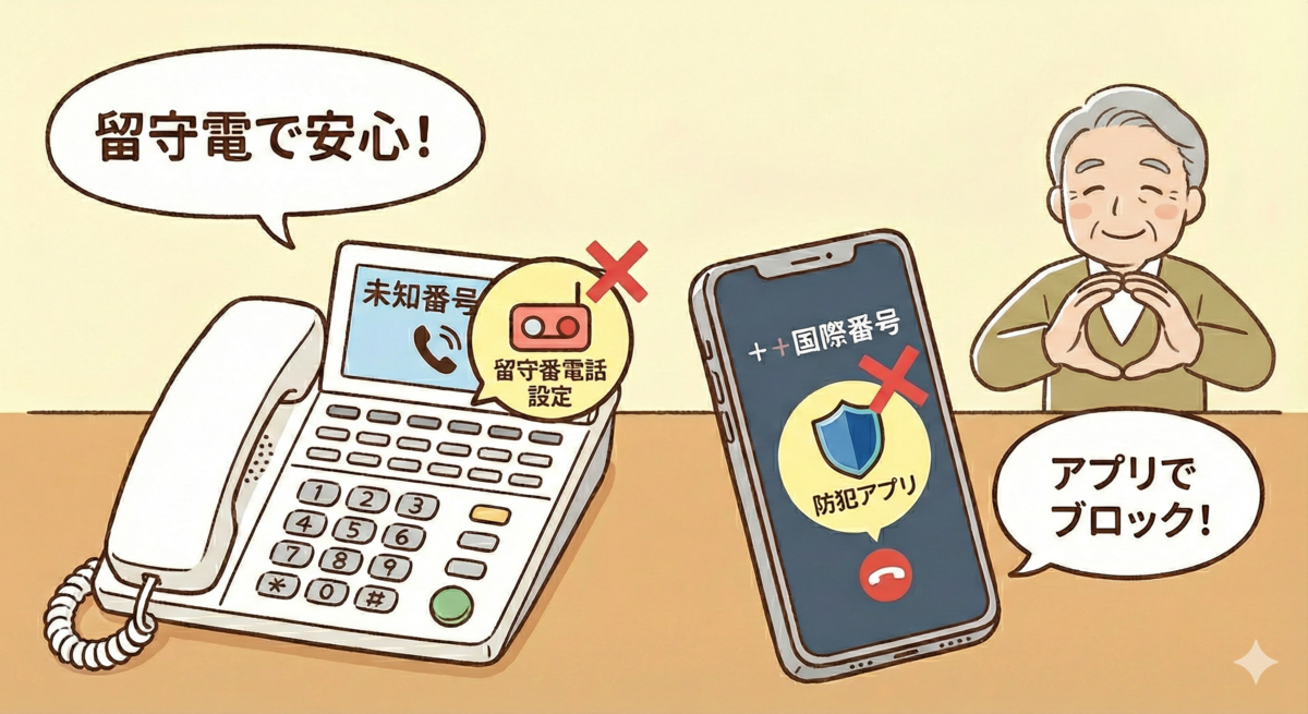 固定電話とスマートフォンでの特殊詐欺対策を示すイラスト。左の固定電話は「留守番電話設定」で「未知番号」をブロックし、「留守電で安心！」の吹き出し。右のスマホは「防犯アプリ」で「＋国際番号」をブロックし、「アプリでブロック！」の吹き出し。これらの対策により、右側の高齢男性が笑顔で胸の前で手で大きな丸を作り、安心している様子。